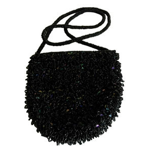 Vintage Black Designer Beaded Sequin Purse Shoulder Bag Zip Top Sparkly 60s